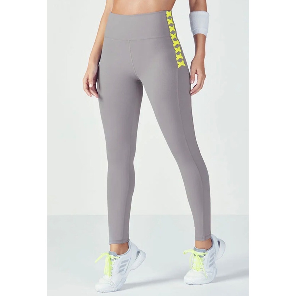 Fabletics Define PowerHold High-Waisted Leggings Grey Neon Yellow Lace Up Medium